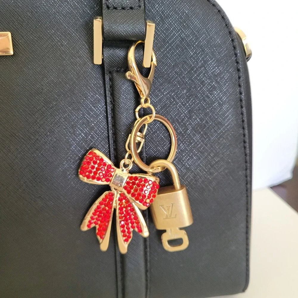 Louis Vuitton Padlock 308 Key Red Rhinestone Bow Bag Charm Keychain Gold Tone